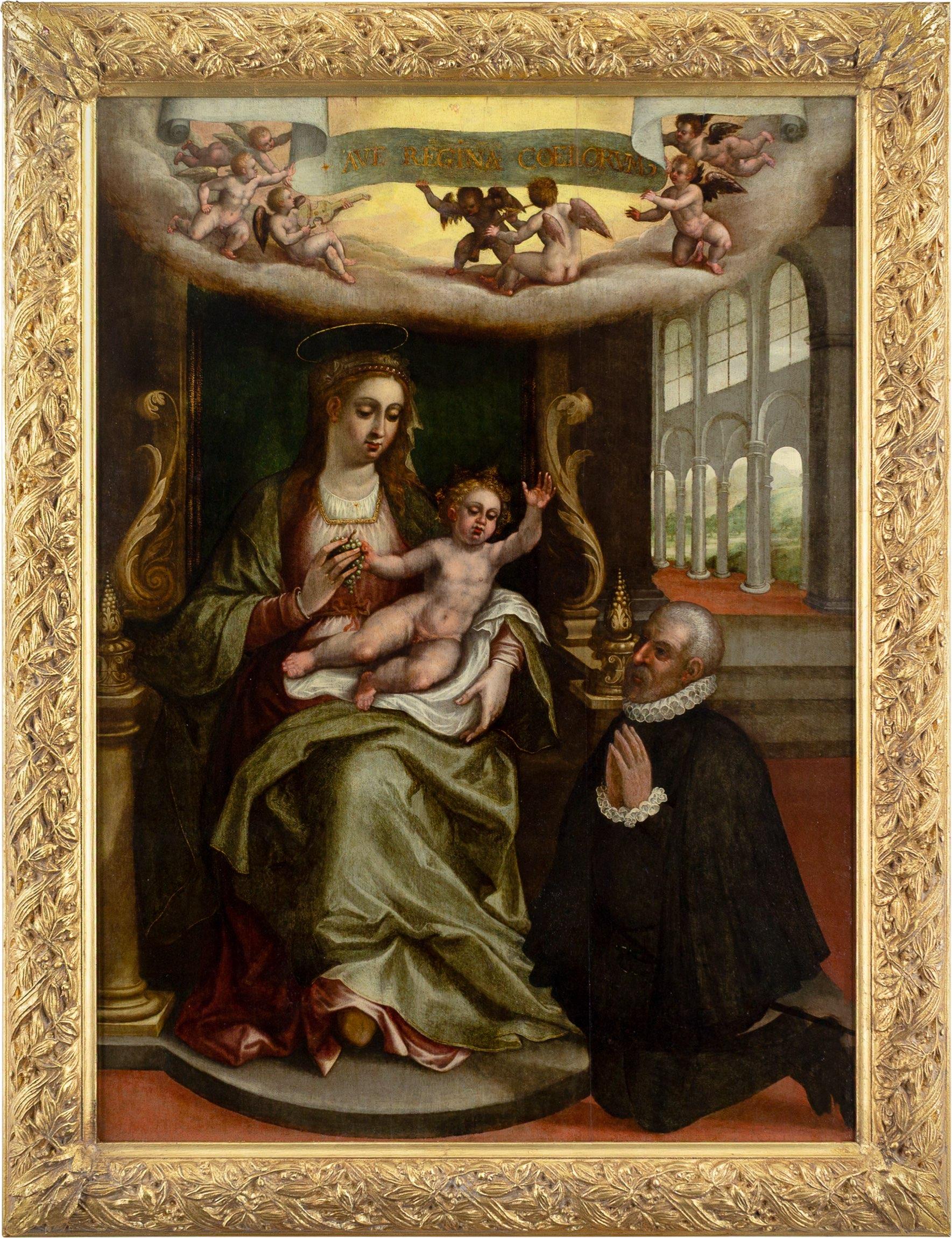 Miguel Barroso Figurative Painting – Madonna mit Kind und kniendem Stifter, antikes Ölgemälde aus dem 16. Jahrhundert