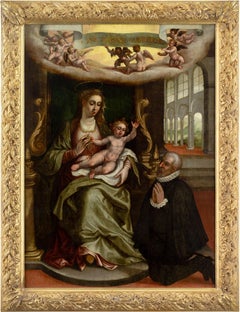 La Virgen con el Niño y un donante arrodillado, pintura al óleo antigua del siglo XVI