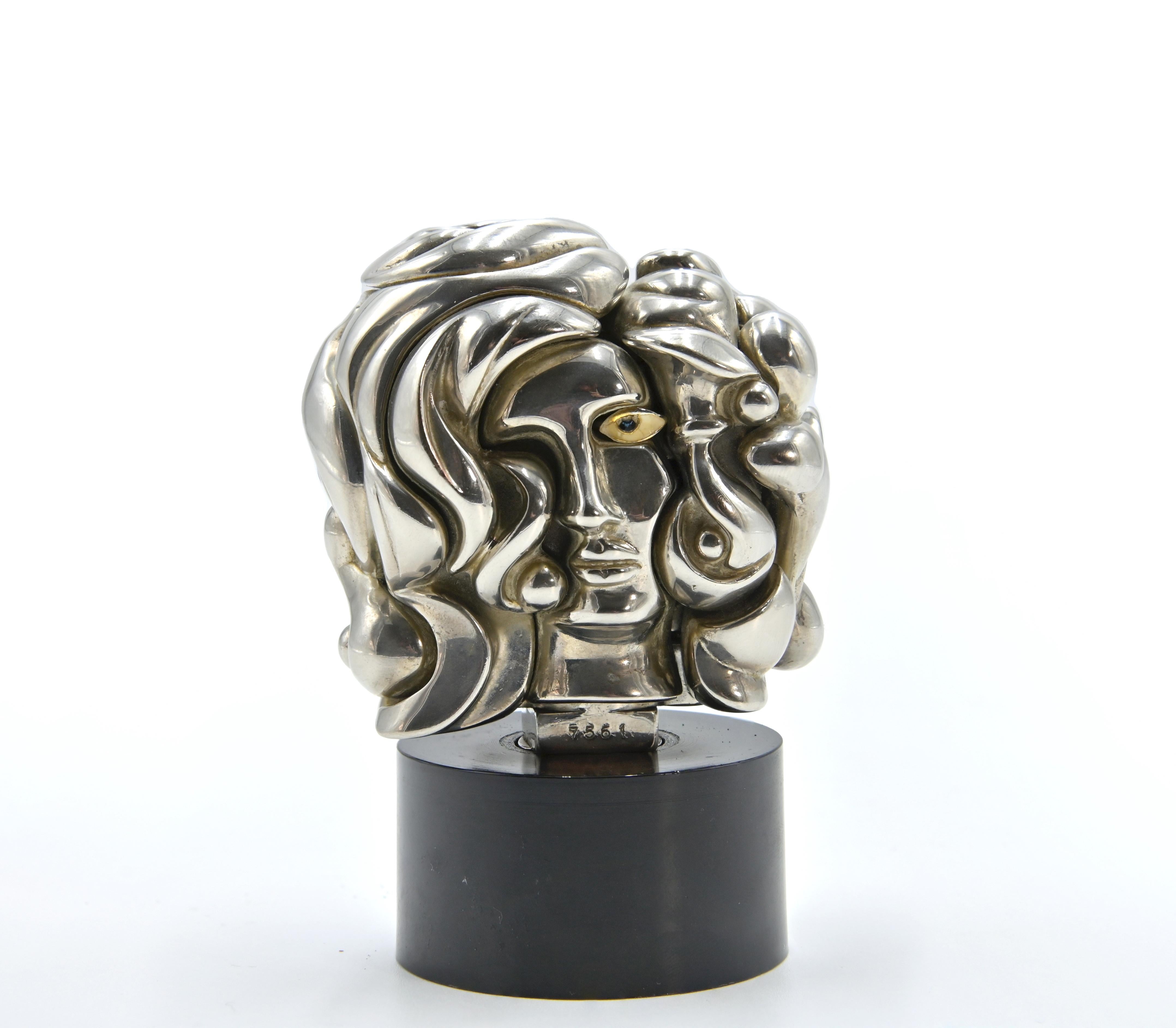 Miguel Berrocal Figurative Sculpture - Portrait of Michele - Nickel Plated Sculpture by M. Berrocal - 1969