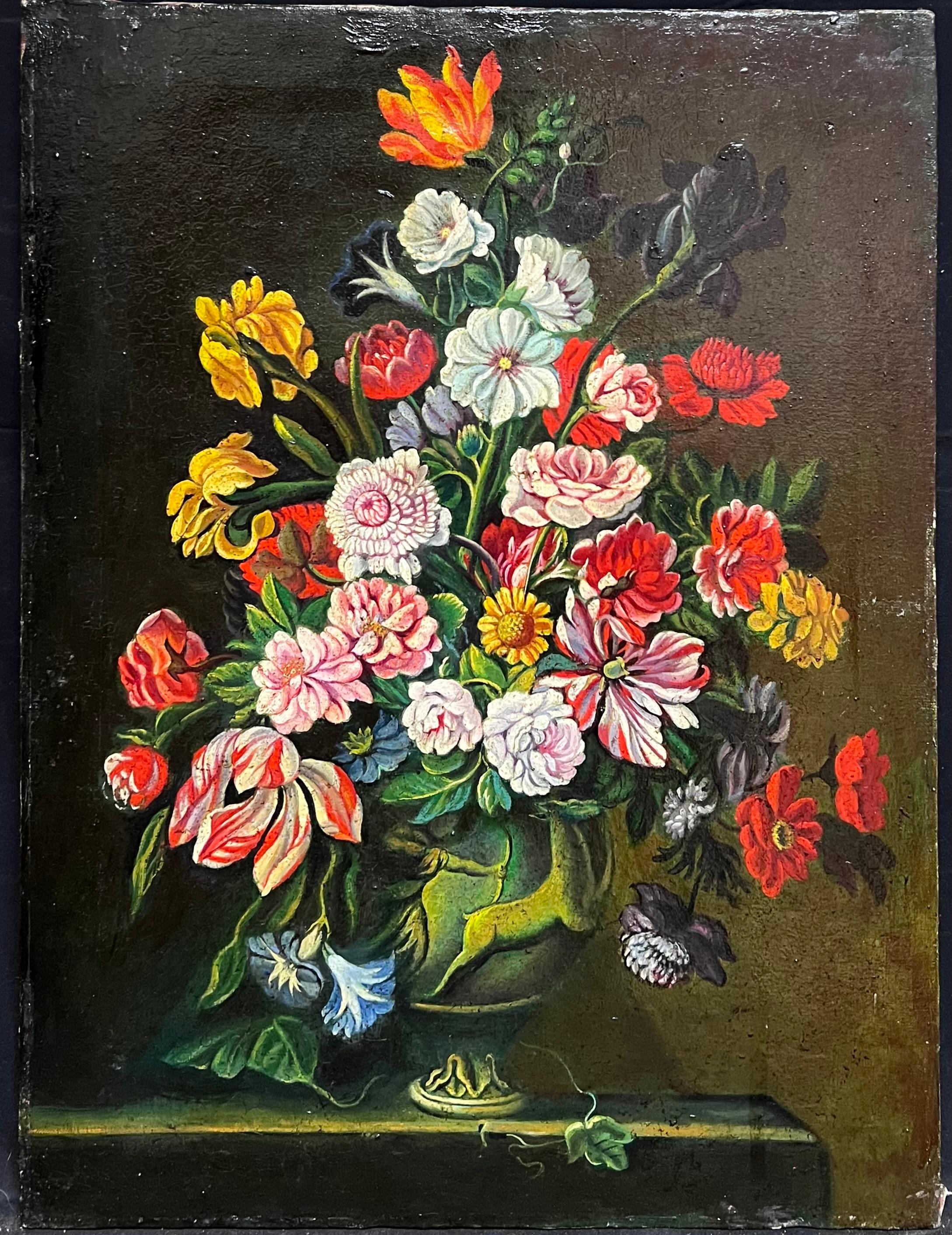 Fine Spanish Old Master style Oil Painting Flowers in Ornate Vase - Black Interior Painting by Miguel Canals Studio