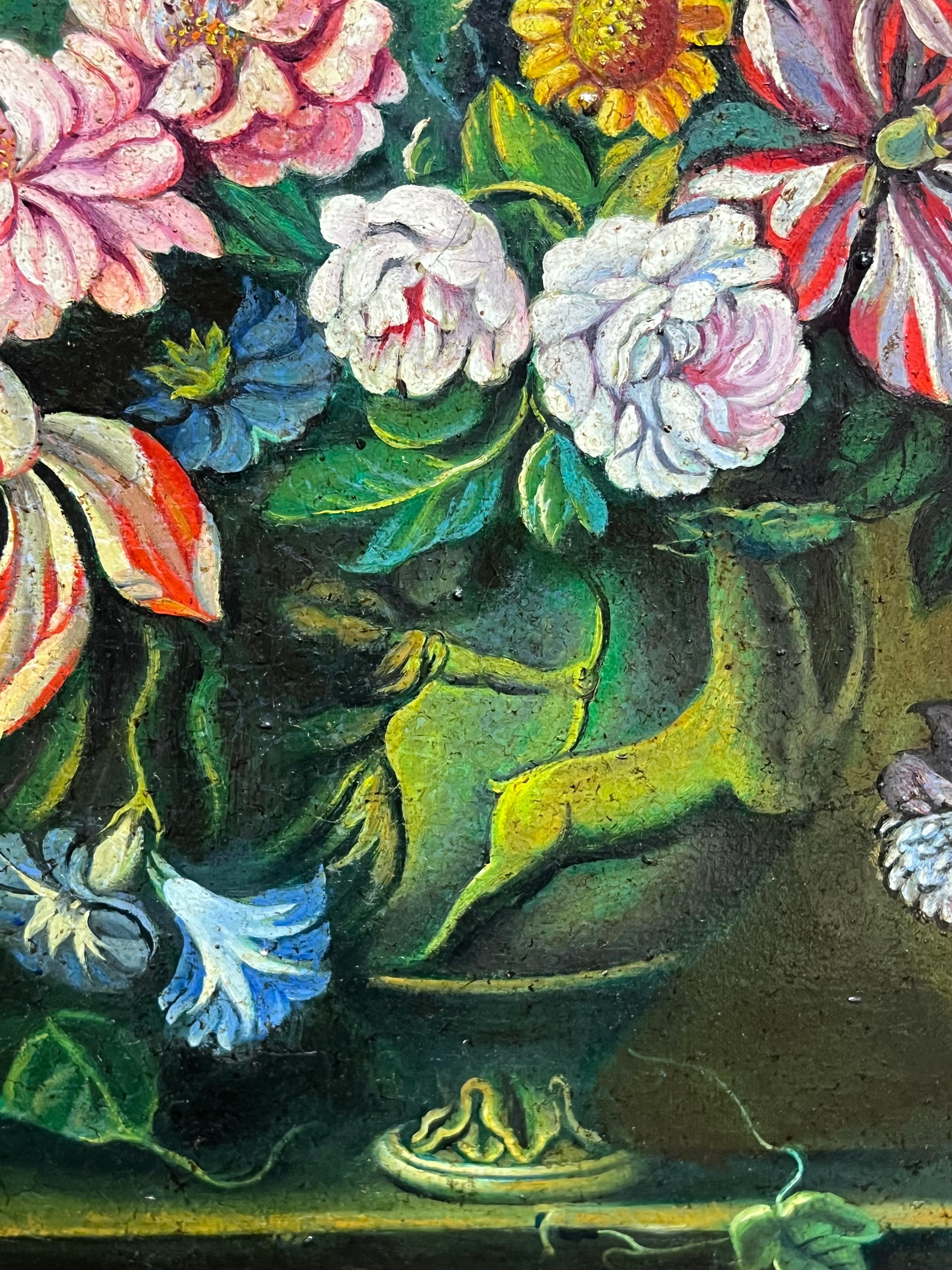 Fine Spanish Old Master style Oil Painting Flowers in Ornate Vase For Sale 2