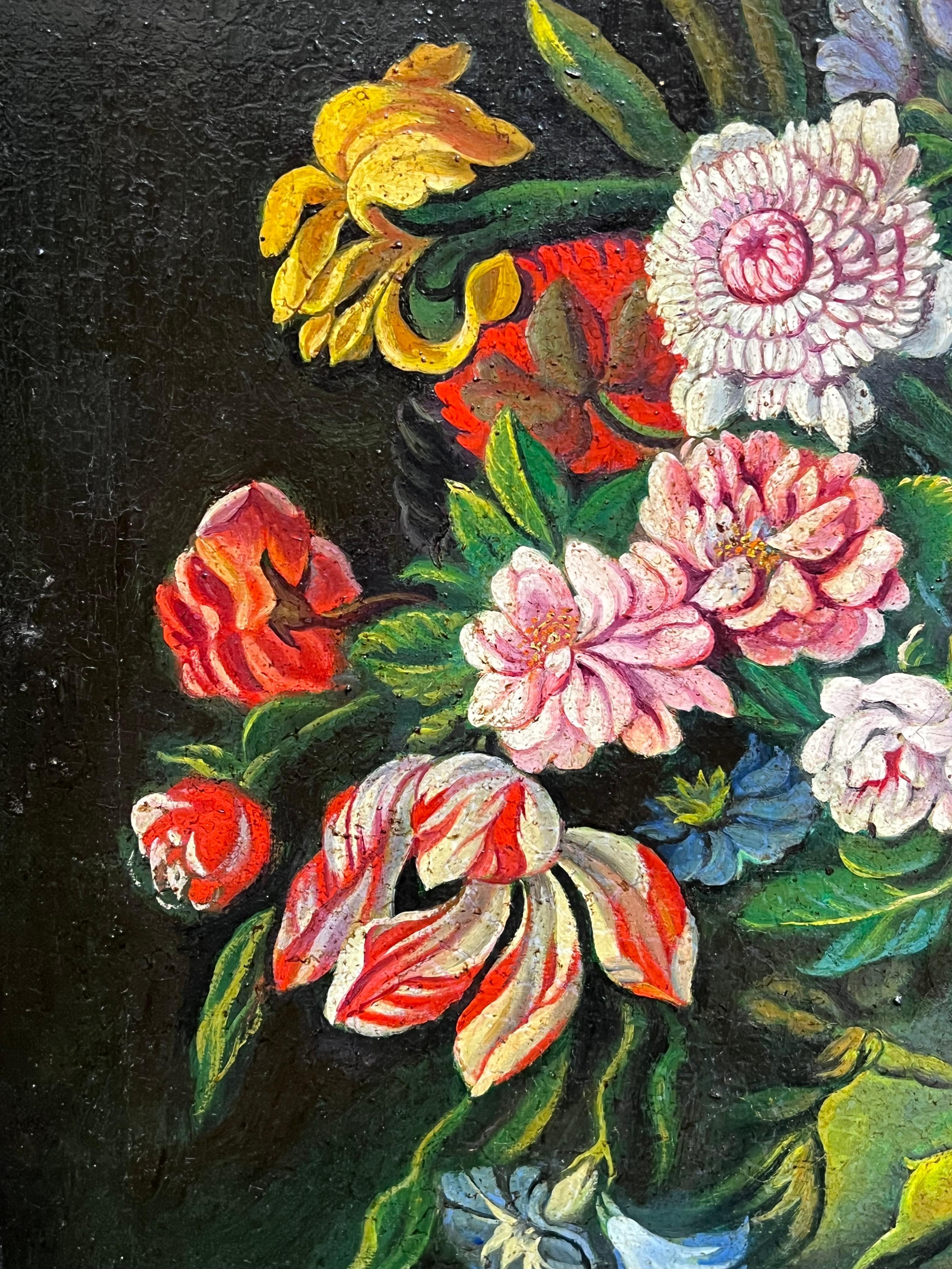 Fine Spanish Old Master style Oil Painting Flowers in Ornate Vase For Sale 3