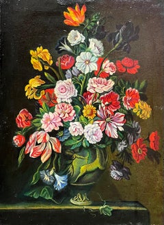 Pintura al óleo al estilo del Viejo Maestro español Flores en jarrón ornamentado