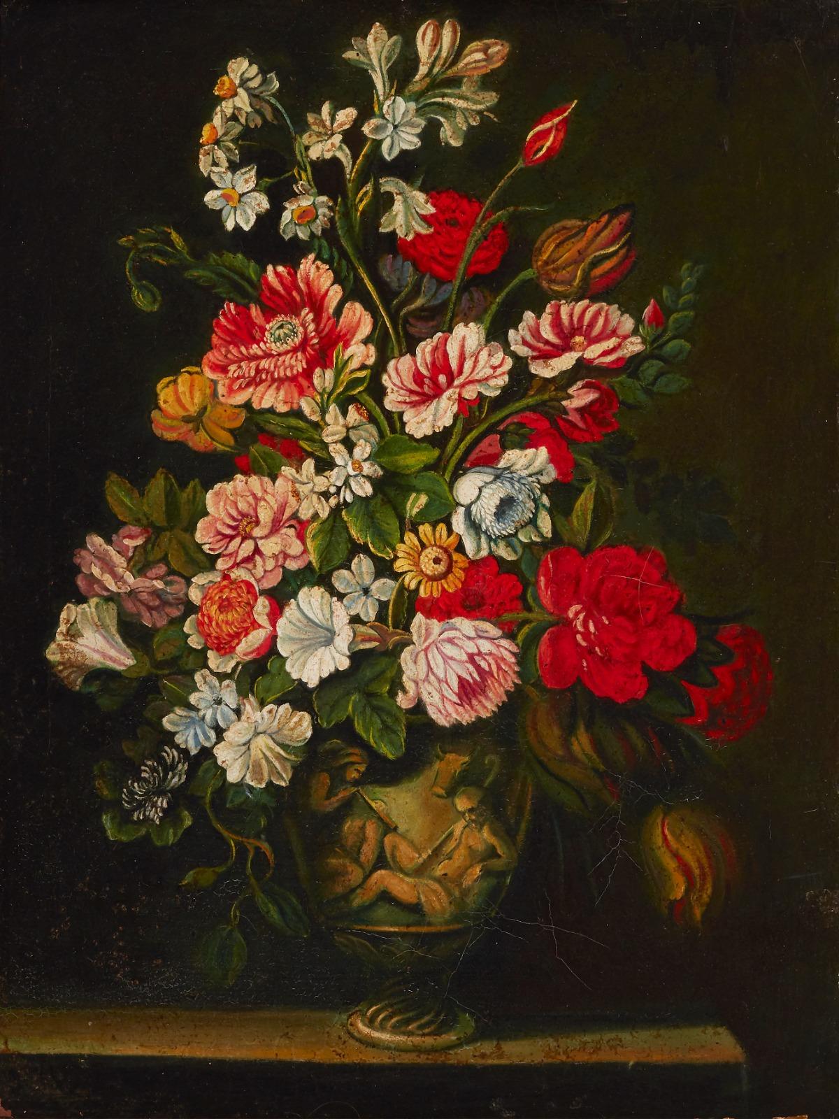 Still-Life Painting Miguel Canals Studio - Belle peinture à l'huile espagnole de style maître ancien dans un cadre orné de fleurs Vase orné