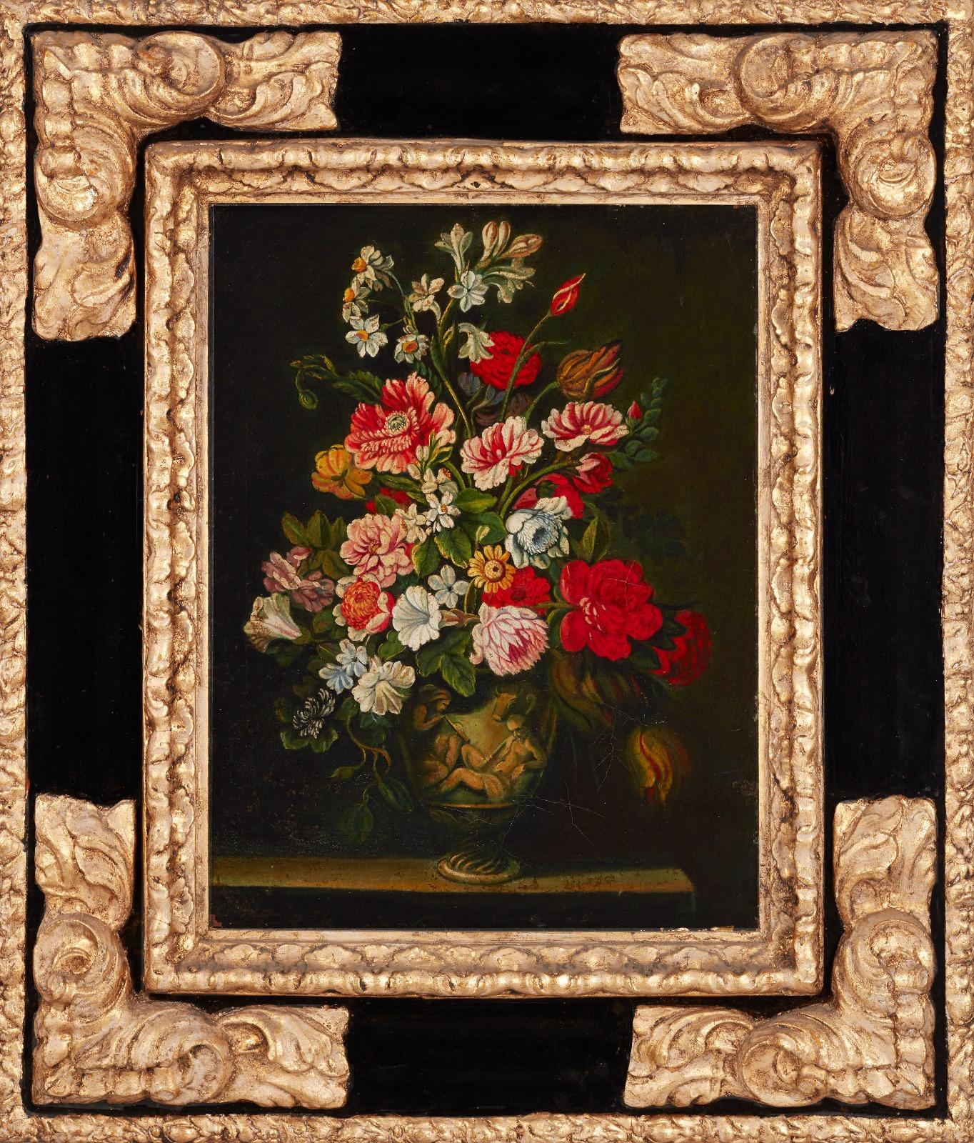 Fine Spanish Old Master style Oil Painting in Ornate Frame Flowers Ornate Vase
