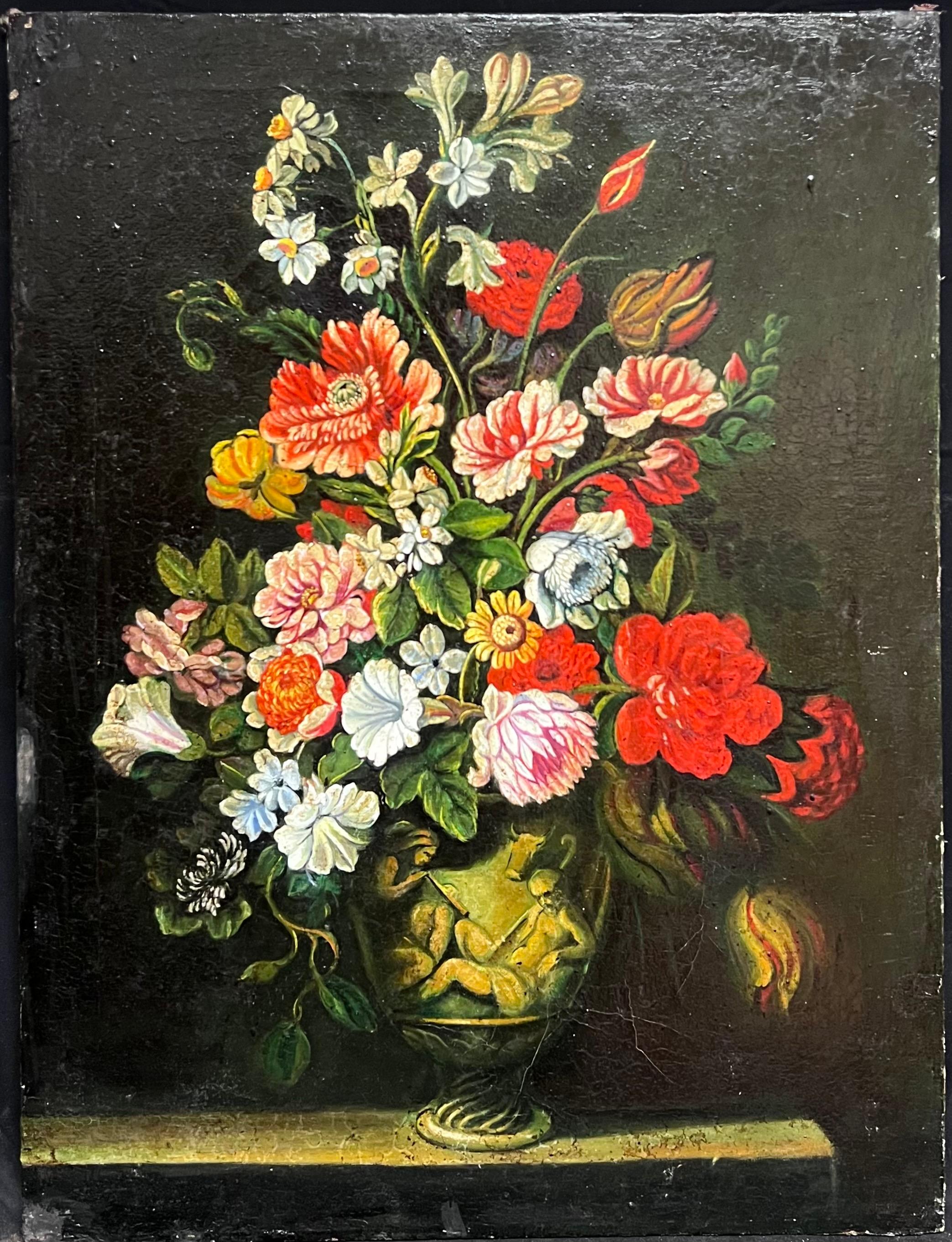 Large Ornate Classical Flowers in Vase Still Life Oil Painting - Black Interior Painting by Miguel Canals Studio