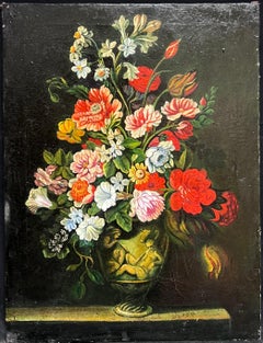 Large Ornate Classical Flowers in Vase Still Life Oil Painting