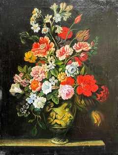 Pintura al óleo de grandes flores clásicas ornamentadas en jarrón, naturaleza muerta