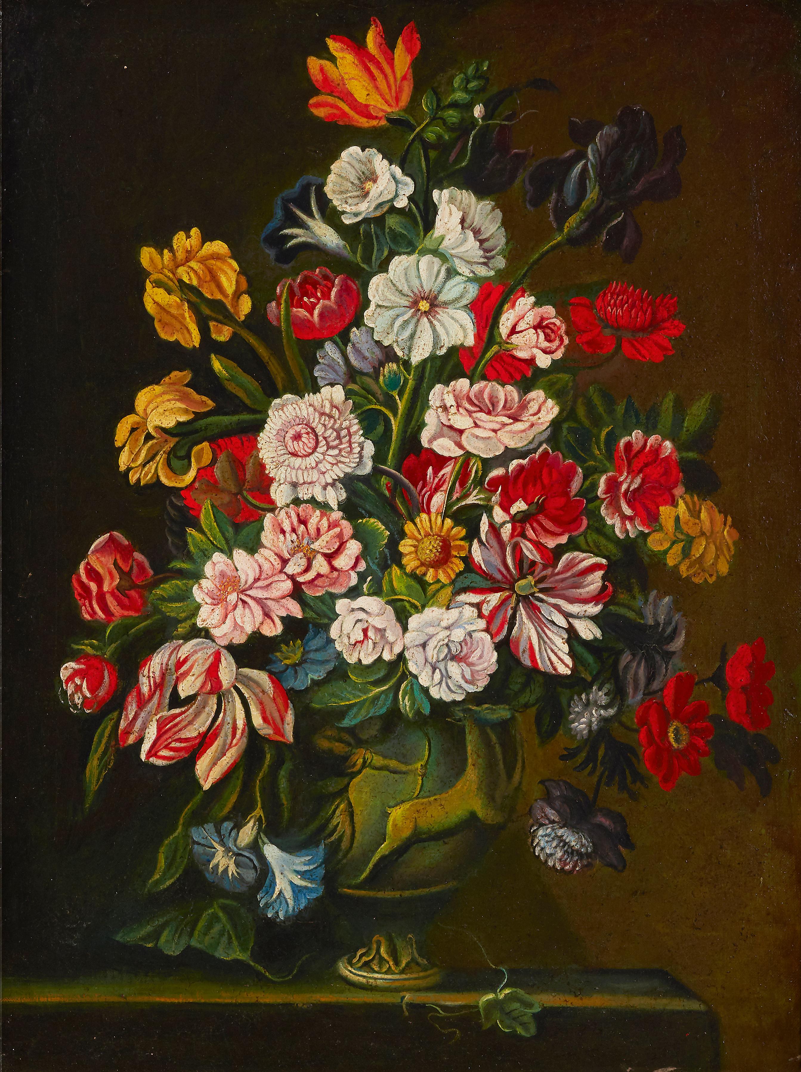 Großes Ölgemälde im spanischen Stil eines alten Meisters, verschnörkelte Blumen in Vase, Vase 