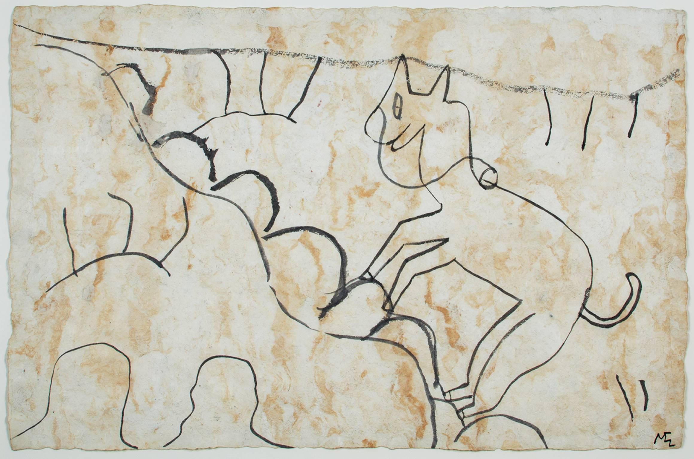 "Animal Climbing A Mountain" ist eine Original-Tuschezeichnung auf handgeschöpftem Amateurpapier von Miguel-Castro Leñero. Es zeigt ein Pferd oder einen Esel, der einen Hügel hinaufsteigt. Der Künstler hat das Werk unten rechts paraphiert. 

15 3/8"