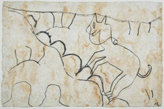 Vintage "Animal Climbing a Mountain, " Ink on Handmade Paper by Miguel Castro Leñero