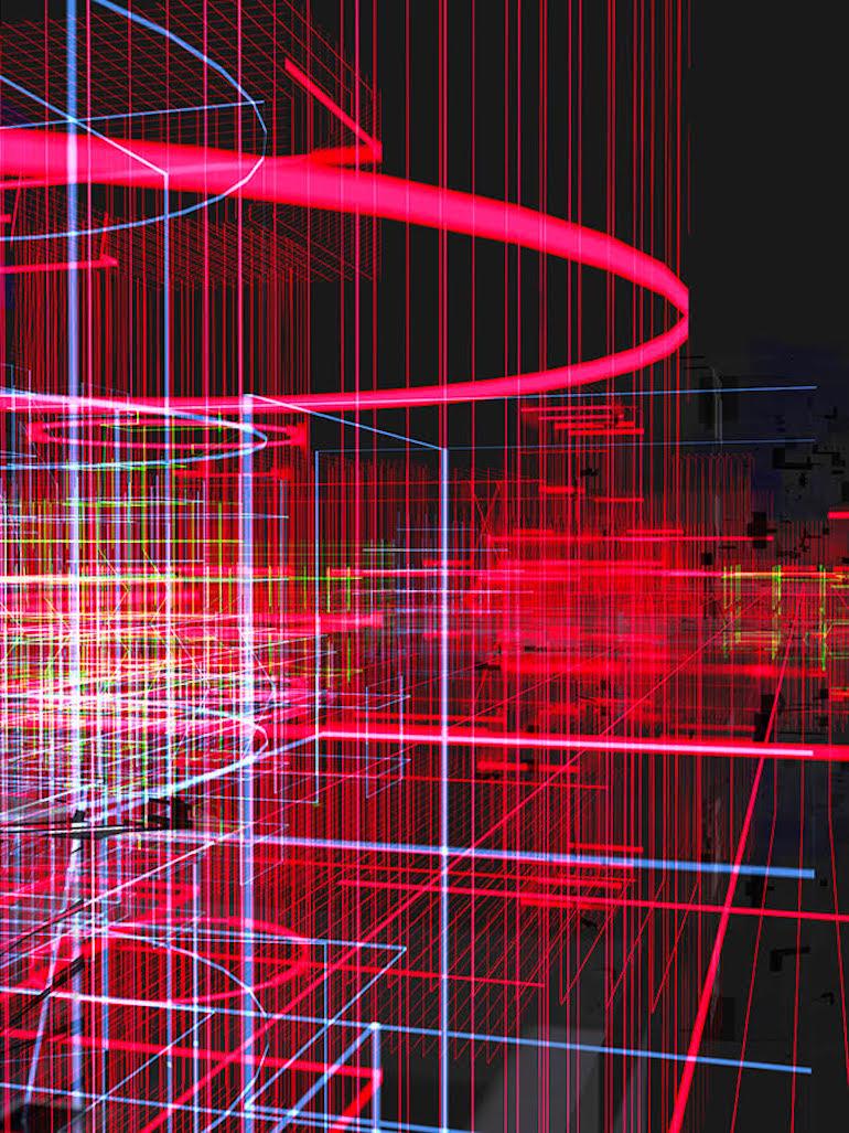 Miguel Chevalier Abstract Print - Meta cités filaire rouge