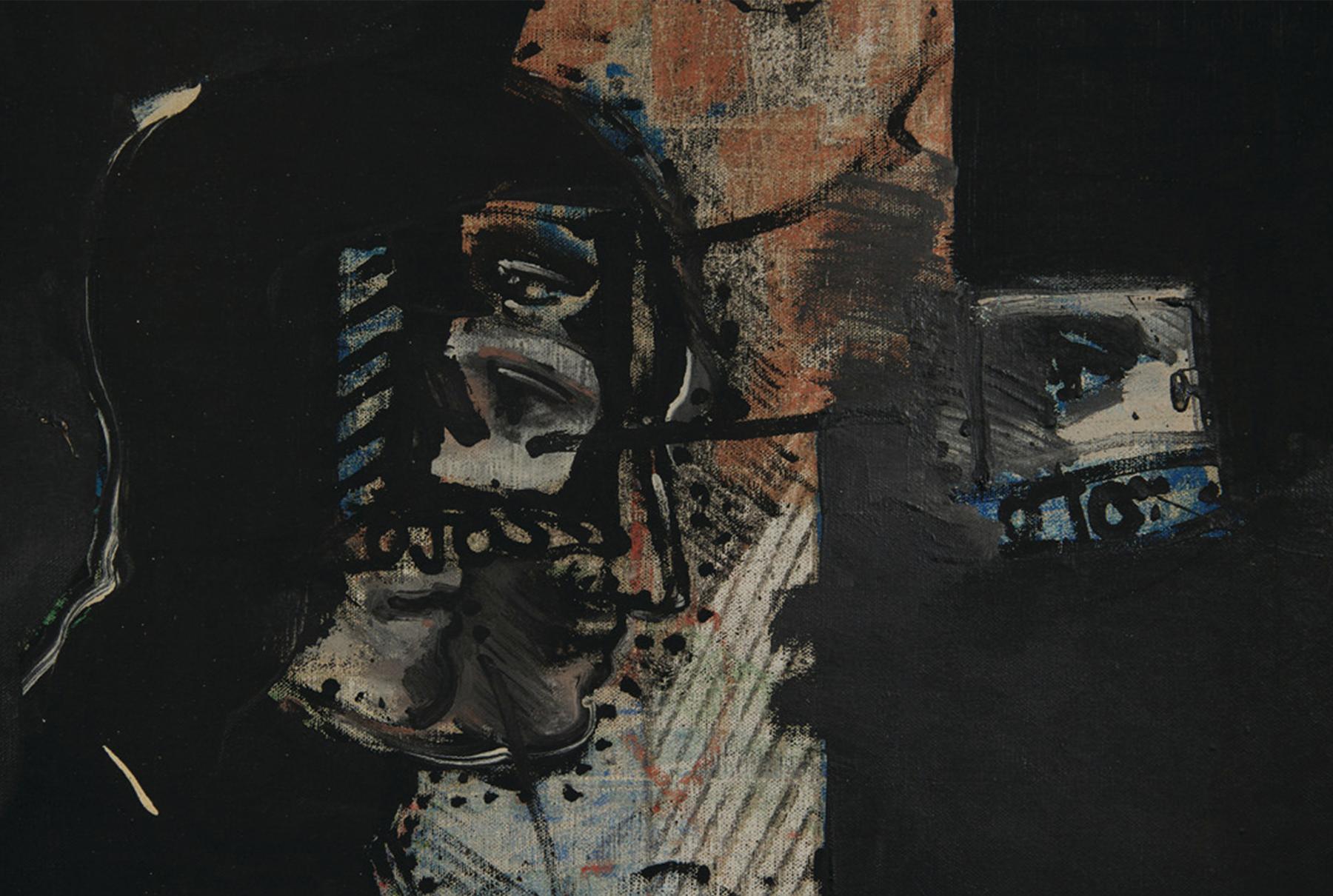 Grande peinture abstraite figurative noire des années 1960, artiste mexicain américain - Noir Abstract Painting par Miguel Conde