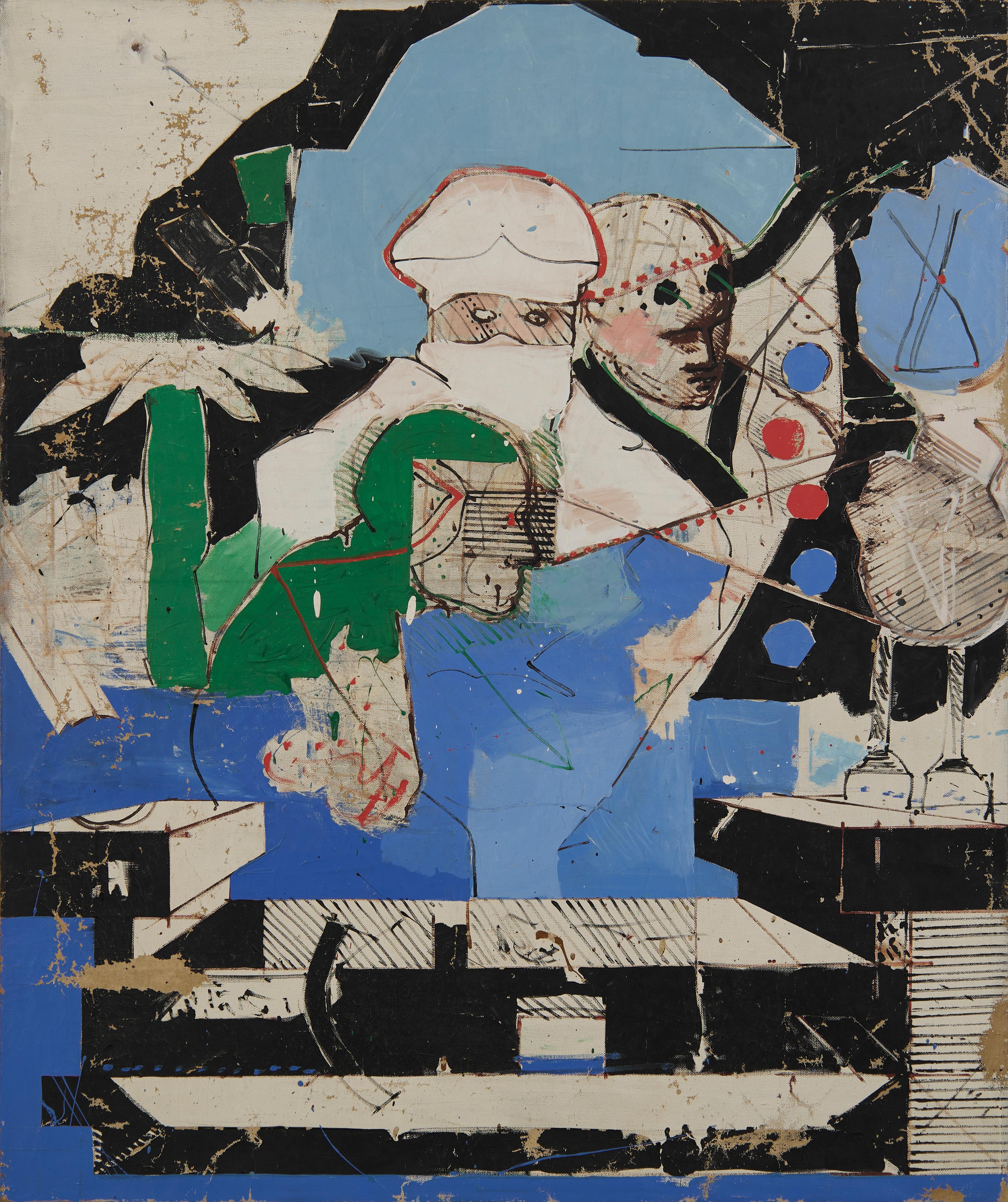 Grande peinture abstraite figurative de la fin des années 1960, artiste mexicain américain