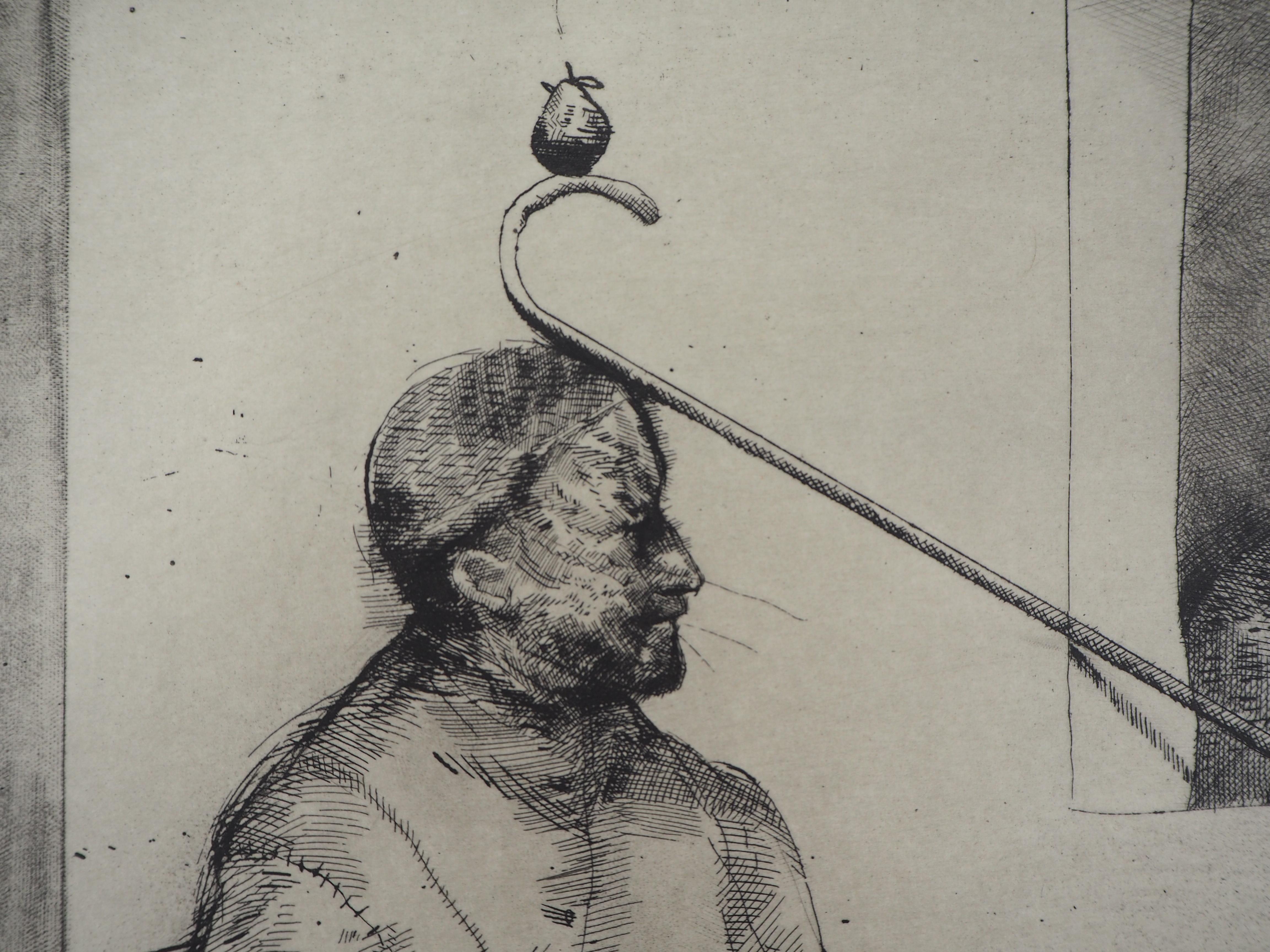 The Balance of Pear - Original handsigned etching, Limited / 100 - Gray Figurative Print by Miguel Conde