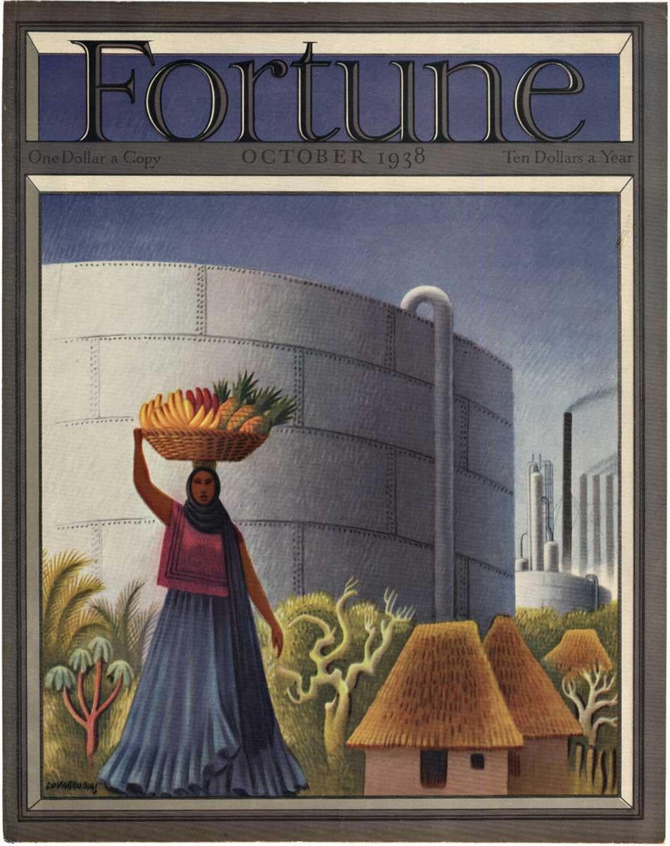 Figurative Print Miguel Covarrubias - Couverture vintage du magazine Fortune d'origine d'octobre 1938  support en lin