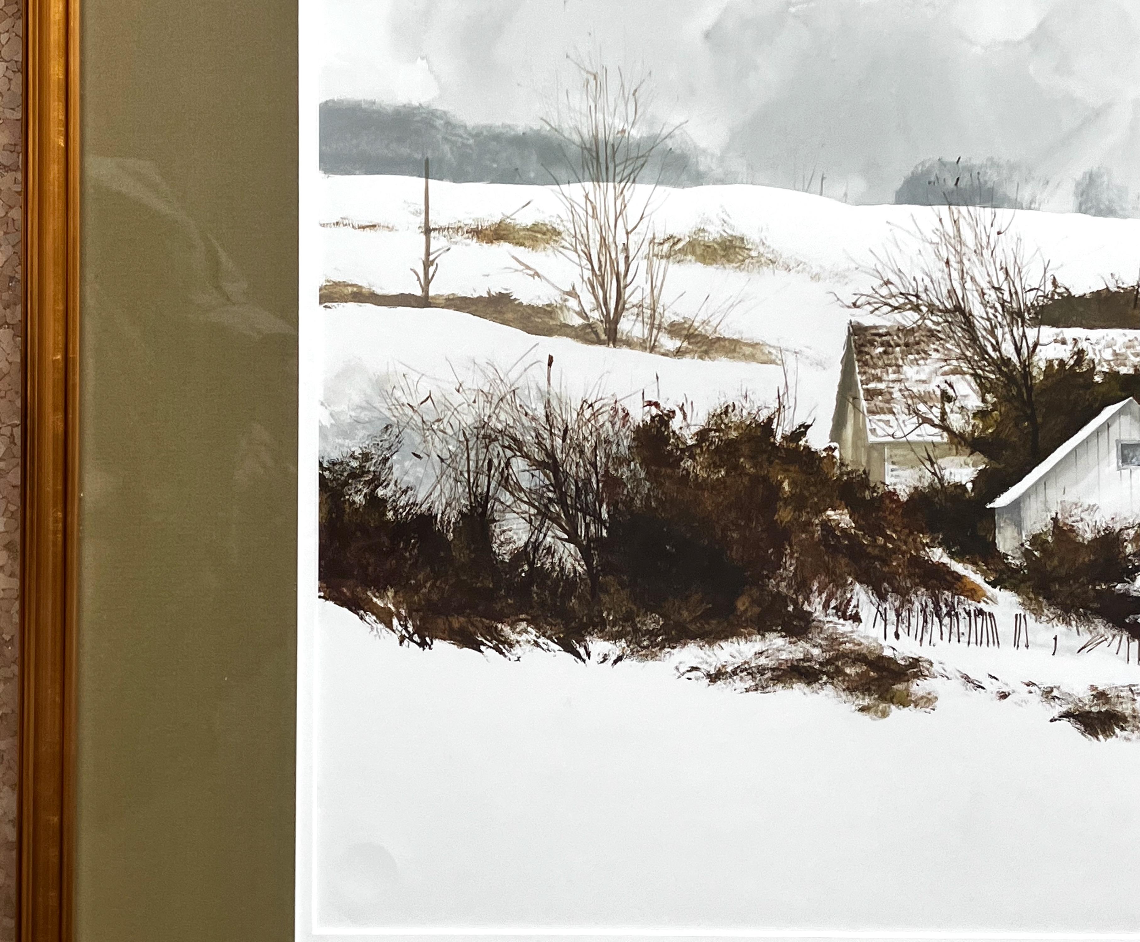 Künstler: Miguel Dominguez - Amerikaner (1941-)
Titel: Winter-Vignette
Jahr: ca. 2000
Medium: Aquarell 
Bildgröße: 14 x 22,5 Zoll. 
Gerahmte Größe: 22,5 x 31,5 Zoll 
Unterschrift: Signiert, unten rechts
Zustand: Sehr gut 
Rahmen: Gerahmt im