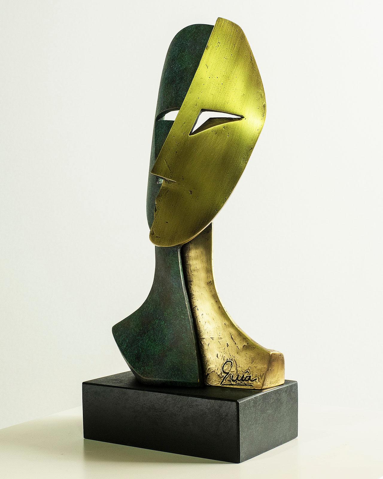 Big Cubiste Mask - Miguel Guía Cubist Bronze layer Sculpture For Sale 7