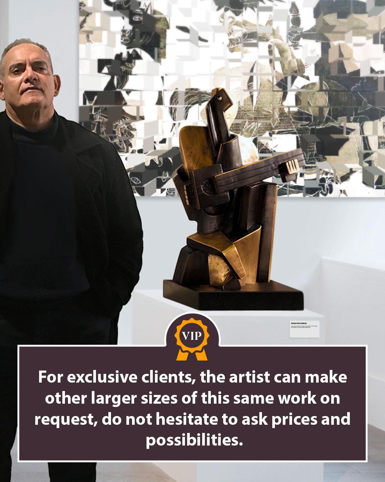 Großer Gitarrenspieler mit Arlekin aus Bronzeguss – kubistische Skulptur von Miguel Gua im Angebot 1