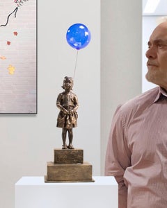 Girl with blue magic balloon 47 - Miguel Guía  Realist Bronze layer Sculpture