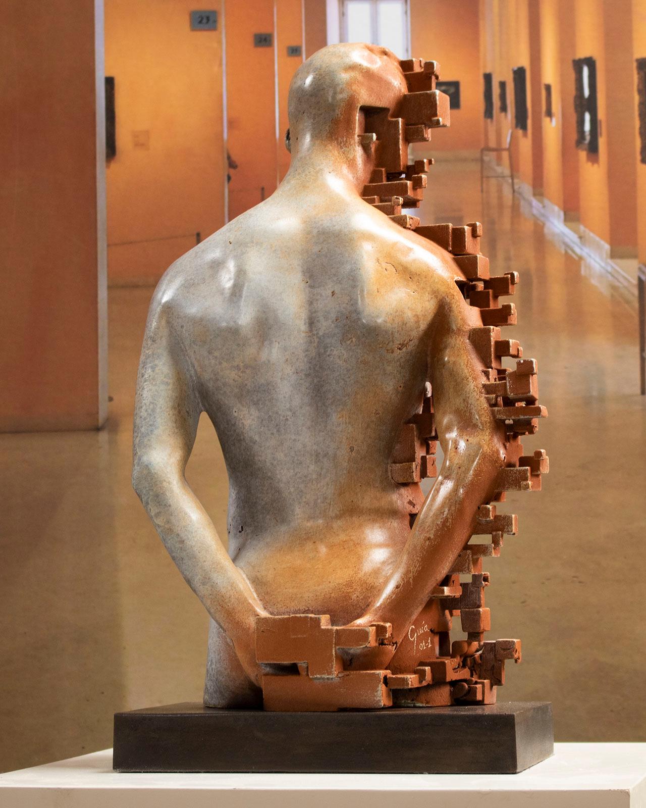 Pixelated young torso White - Miguel Guia Cubist Bronze Sculpture For Sale 7