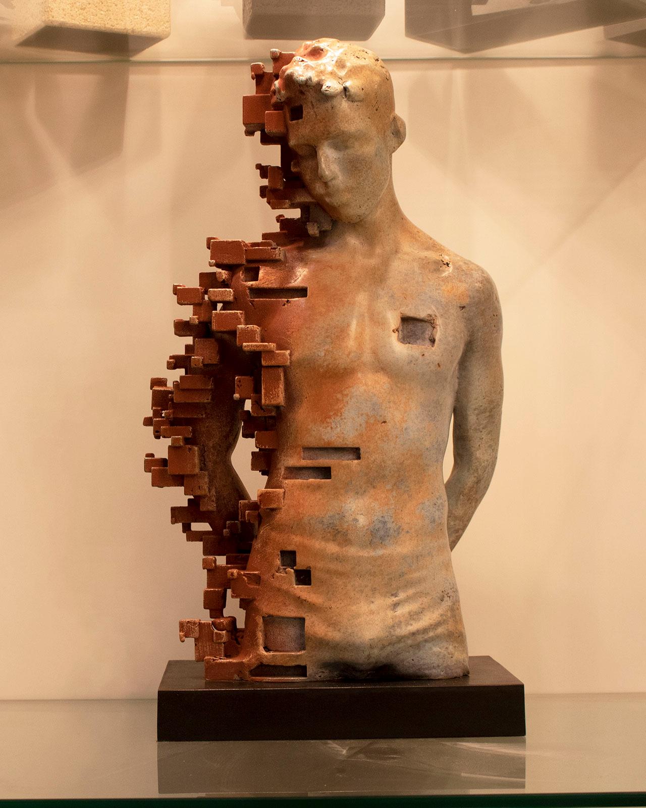Pixelated young torso White - Miguel Guia Cubist Bronze Sculpture For Sale 10