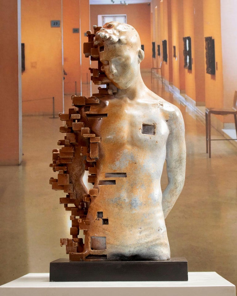 Pixelated young torso White - Miguel Guia Cubist Bronze Sculpture For Sale 2