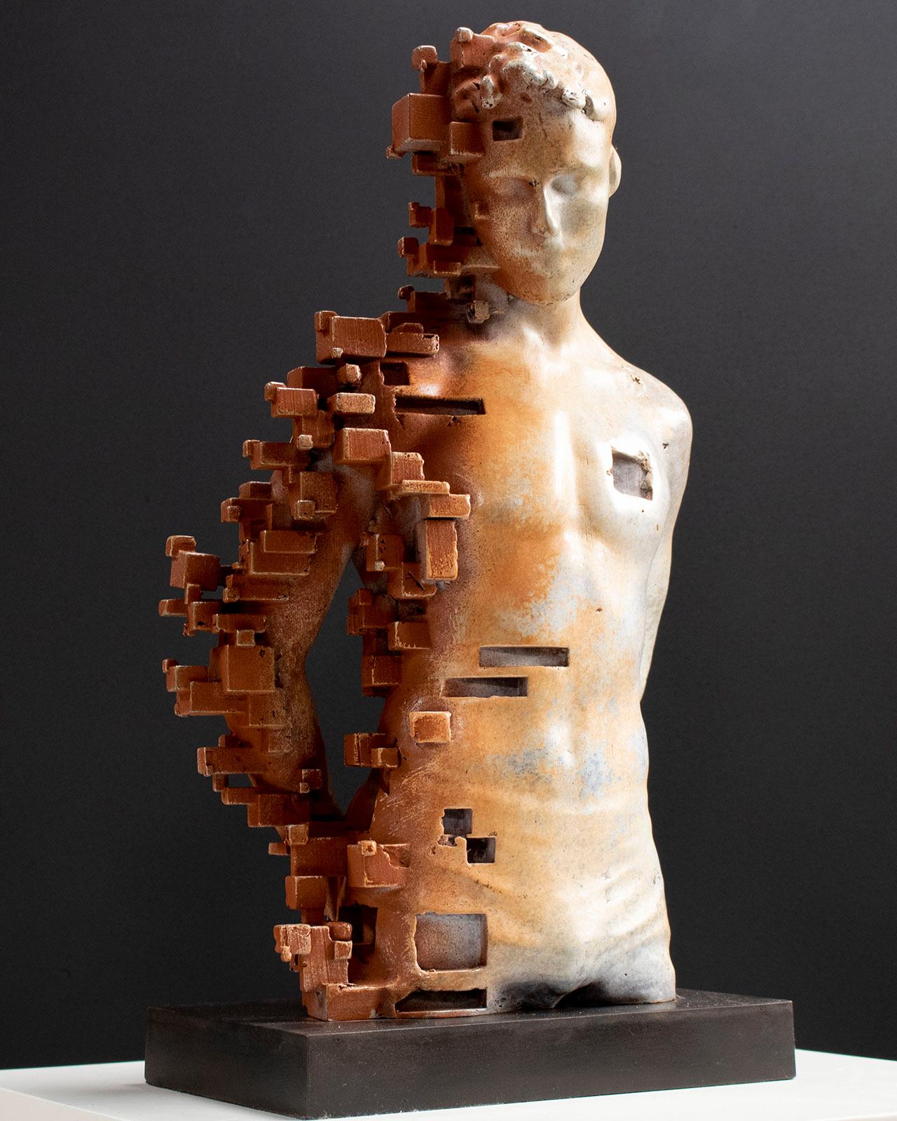 Pixelated young torso White - Miguel Guia Cubist Bronze Sculpture For Sale 1