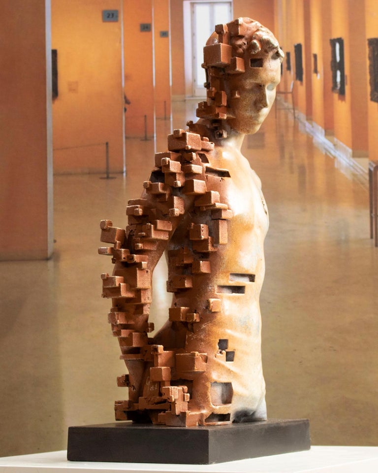 Pixelated young torso White - Miguel Guia Cubist Bronze Sculpture For Sale 5