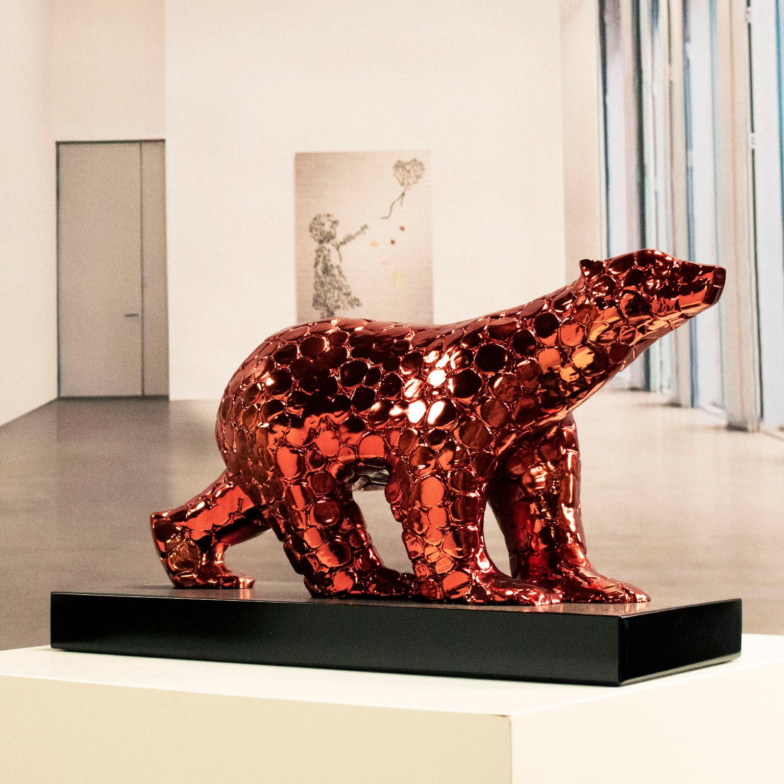 Pompom bear as an excuse Red fire - Miguel Guía Pop Art Nickel layer Sculpture For Sale 4