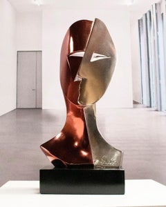 Red Cubist Face - Miguel Guía Cubist Bronze layer Sculpture