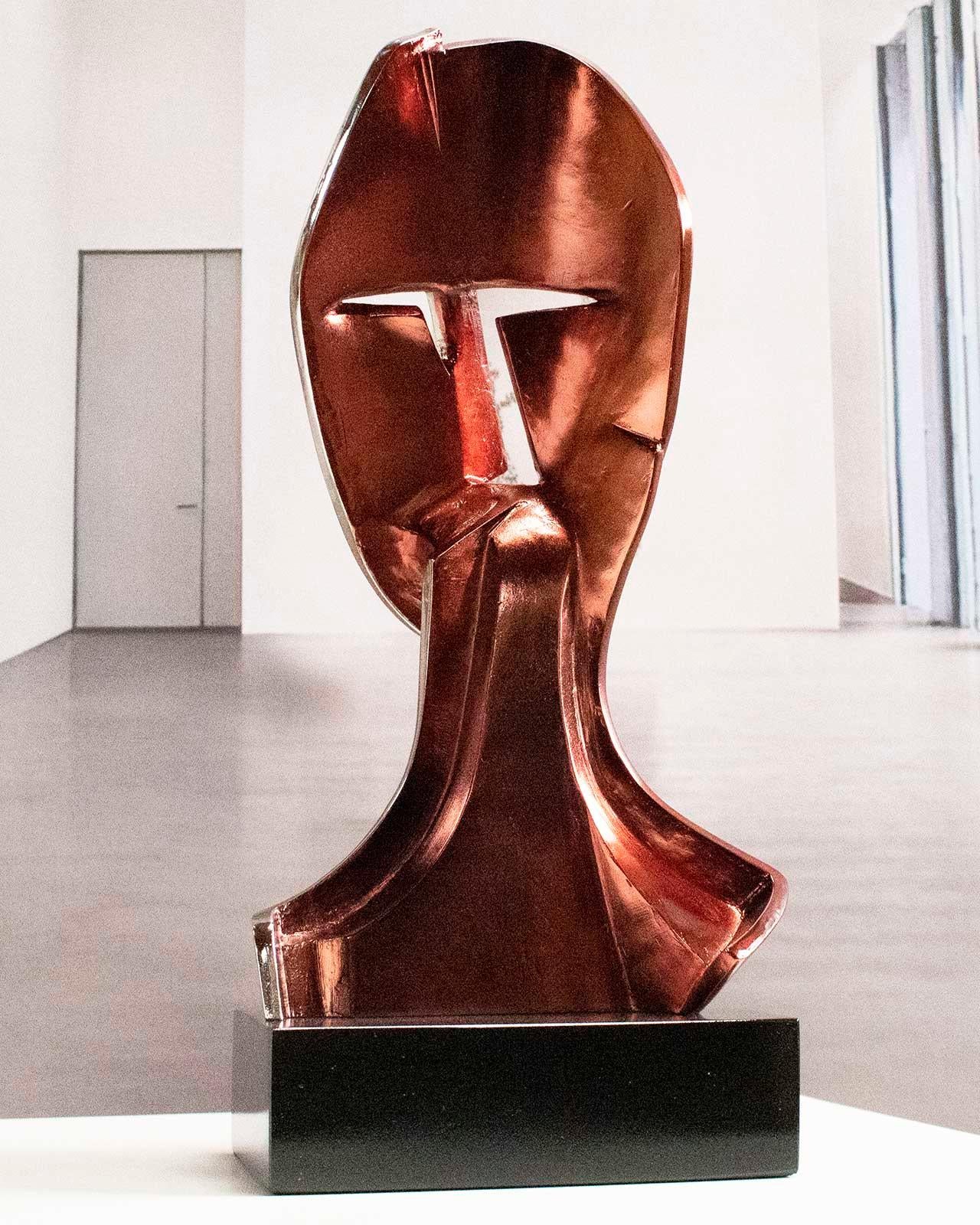 Red Cubist Face - Miguel Guía Cubist Bronze layer Sculpture For Sale 5