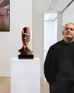 Red Cubist Face - Miguel Guía Cubist Bronze layer Sculpture