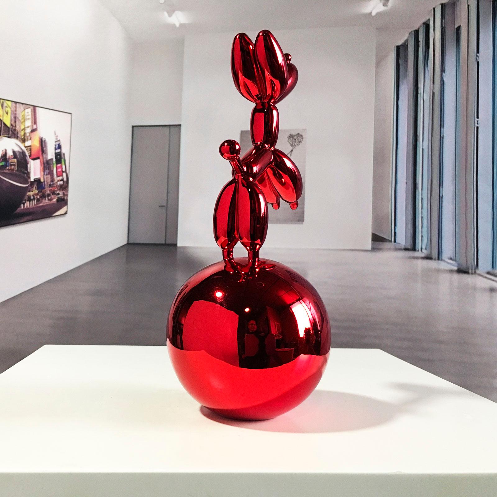 Red Dog Balloon on  Nickel Spher - Miguel Guía, Pop Art Nickel layer Sculpture 6