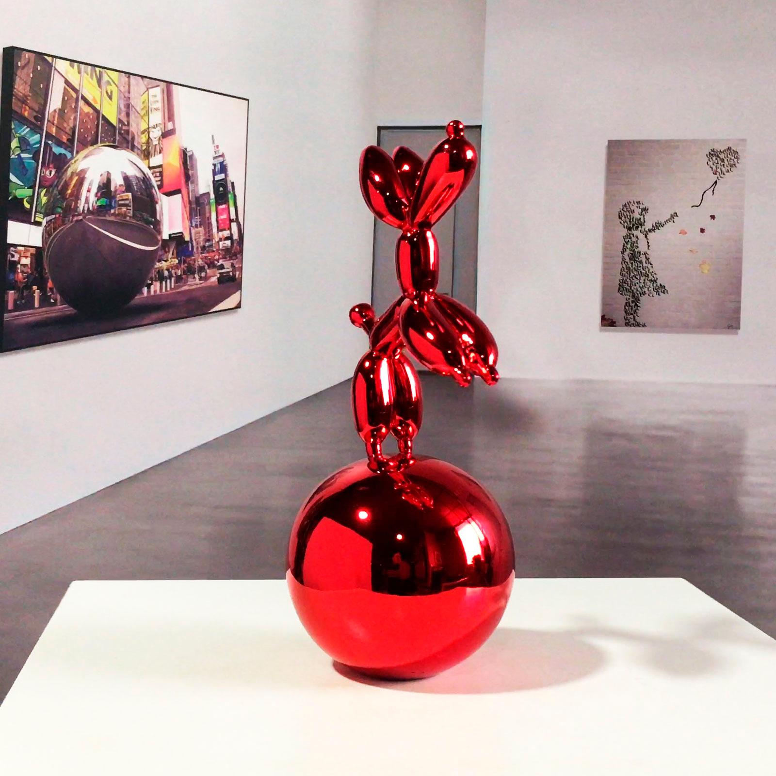 Red Dog Balloon on  Nickel Spher - Miguel Guía, Pop Art Nickel layer Sculpture 12