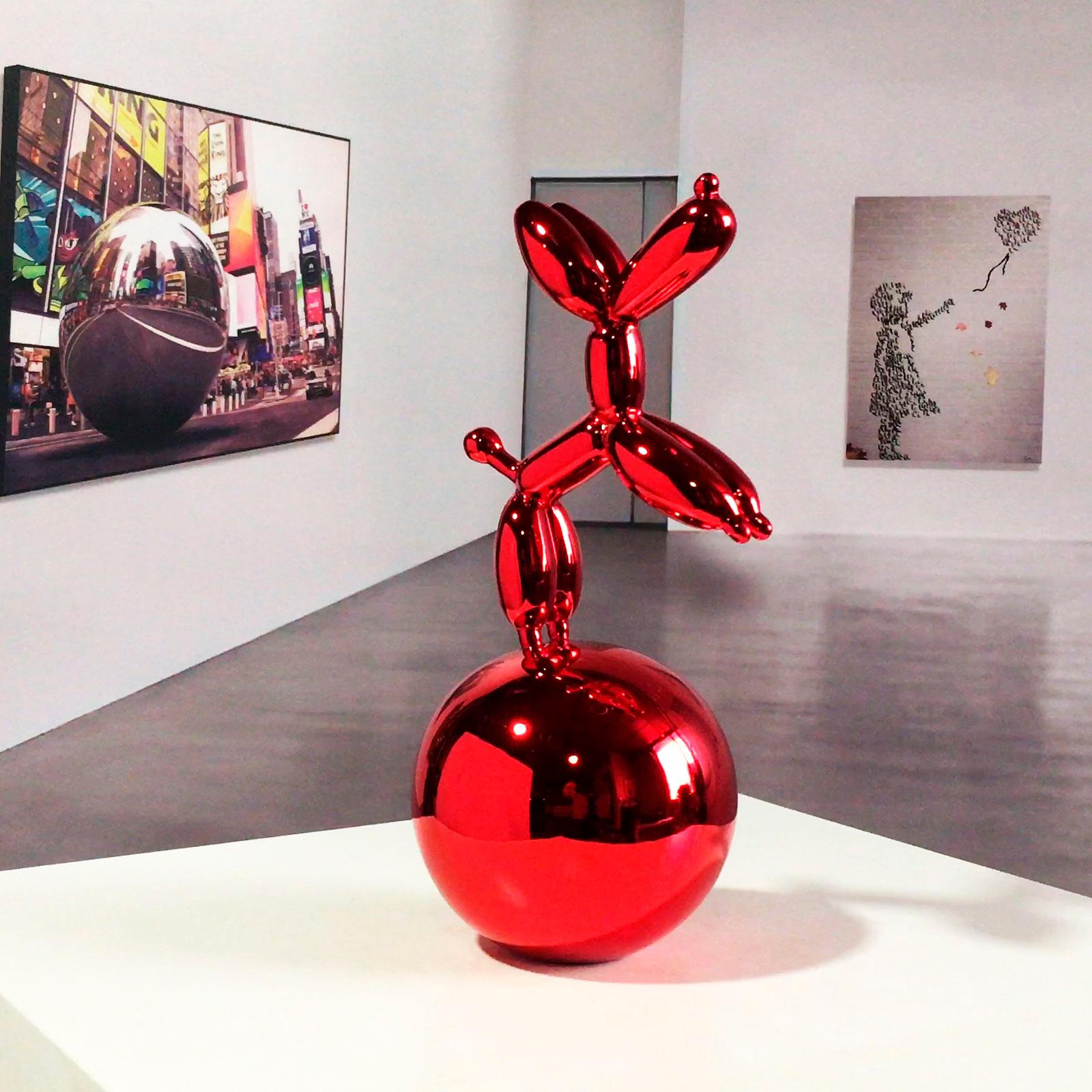 Red Dog Balloon on  Nickel Spher - Miguel Guía, Pop Art Nickel layer Sculpture 10