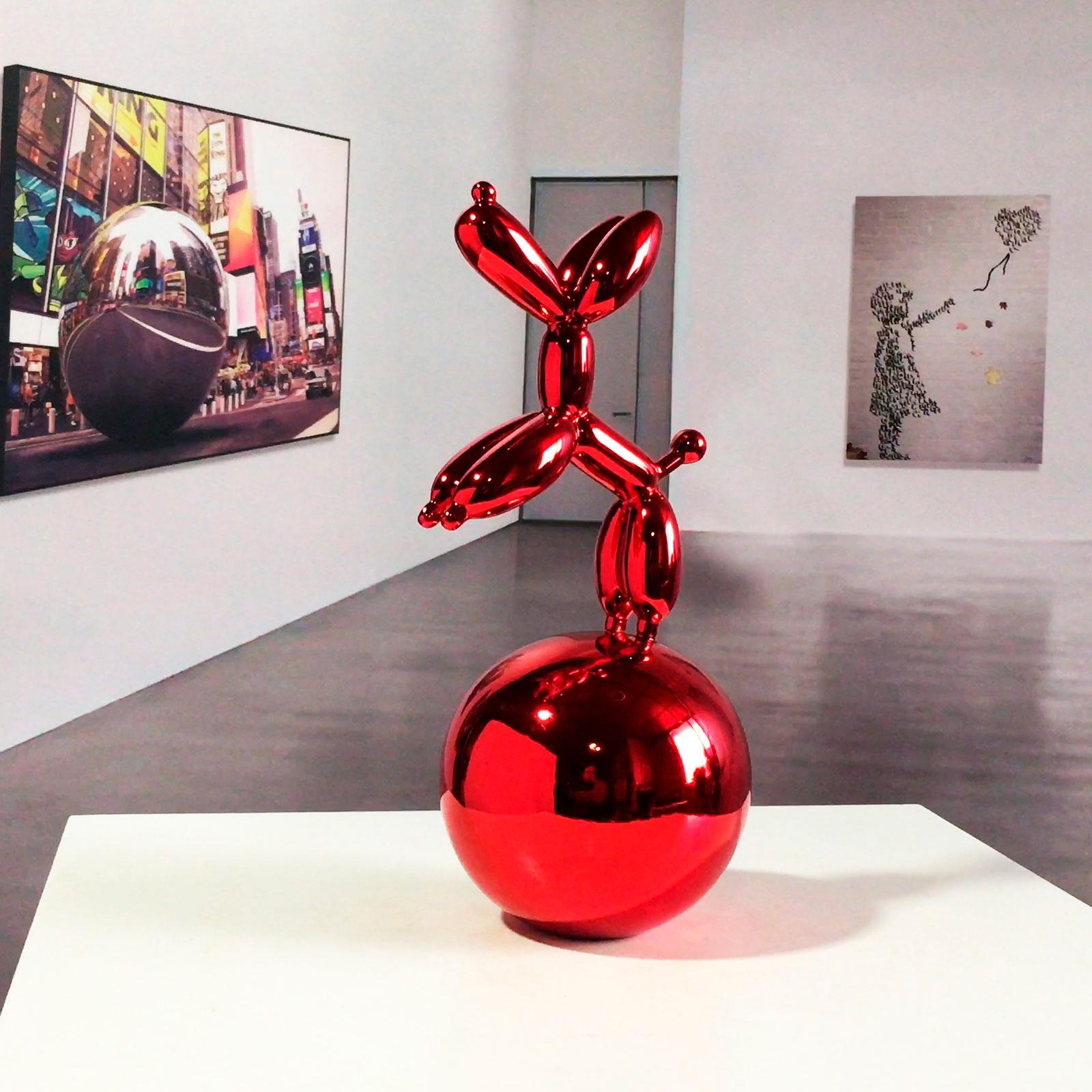 Red Dog Balloon on  Nickel Spher - Miguel Guía, Pop Art Nickel layer Sculpture 11