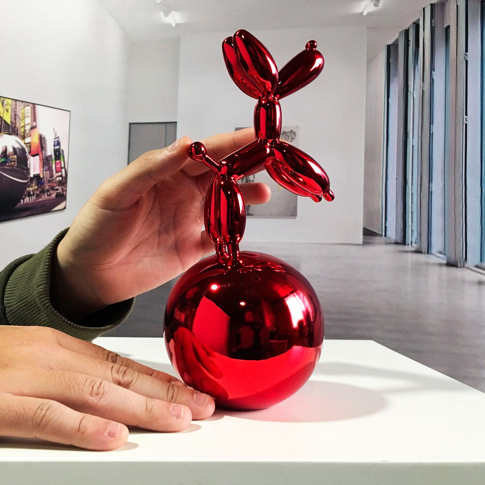 Red Dog Balloon on  Nickel Spher - Miguel Guía, Pop Art Nickel layer Sculpture 1