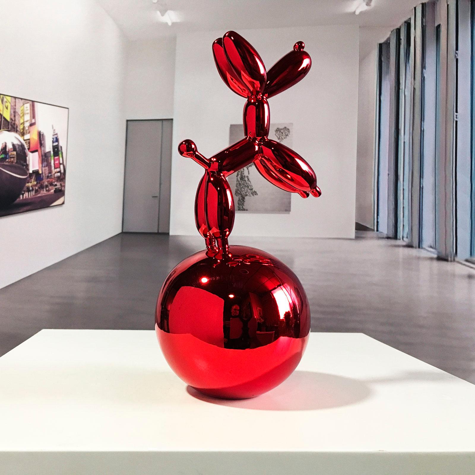 Red Dog Balloon on  Nickel Spher - Miguel Guía, Pop Art Nickel layer Sculpture 2