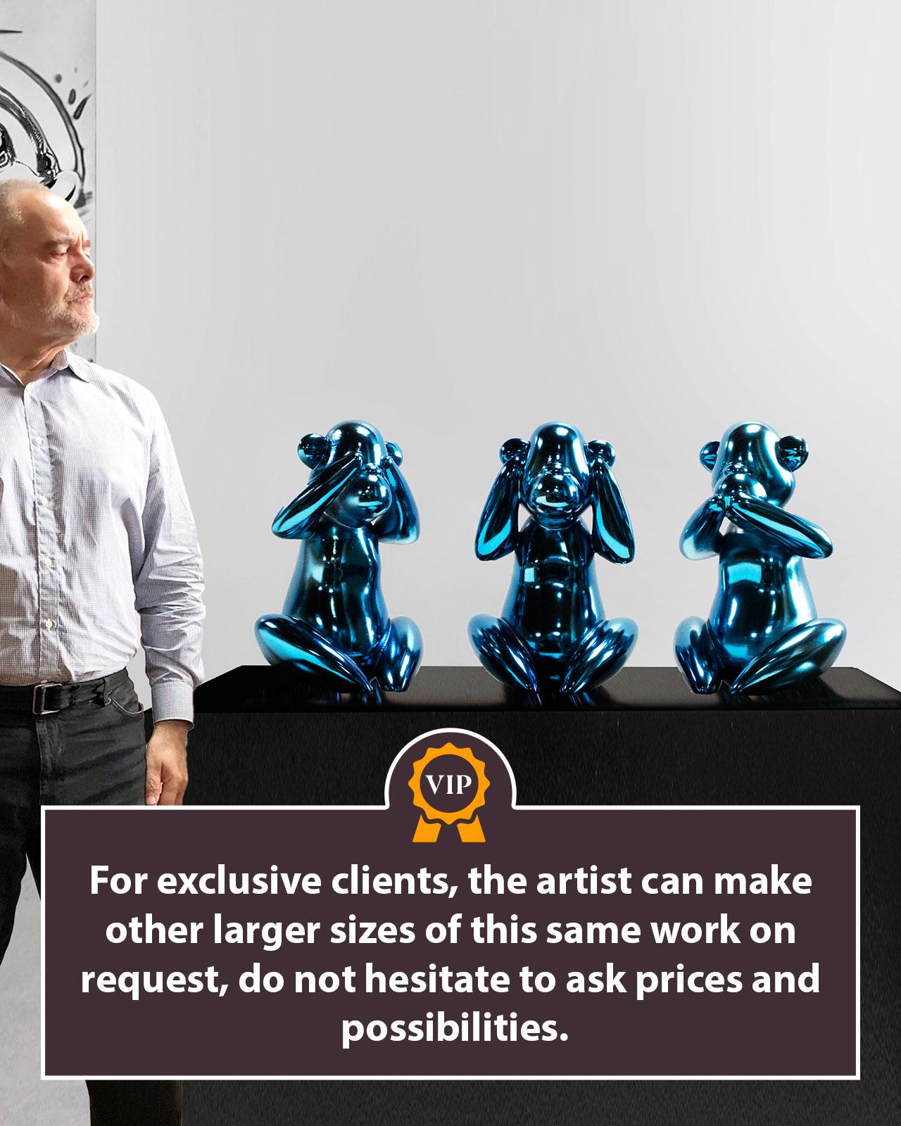 Wise monkeys blue - Miguel Guía, Pop Art Nickel layer Sculpture For Sale 3