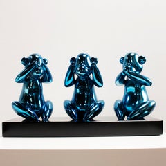 Wise monkeys blue - Miguel Guía, Pop Art Nickel layer Sculpture