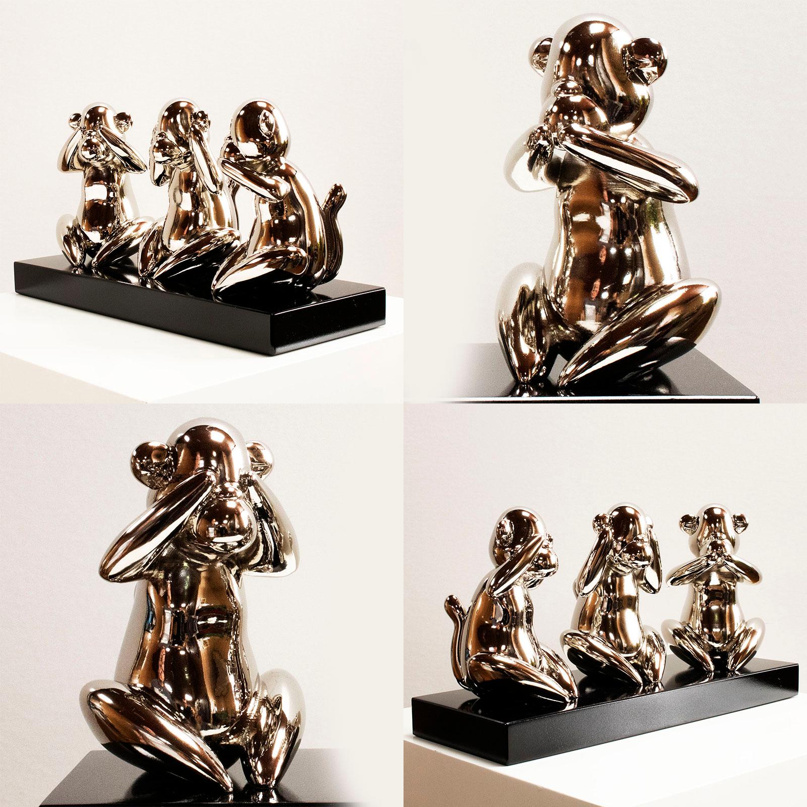 Wise monkeys nickel - Miguel Guía, Pop Art Nickel layer Sculpture For Sale 3