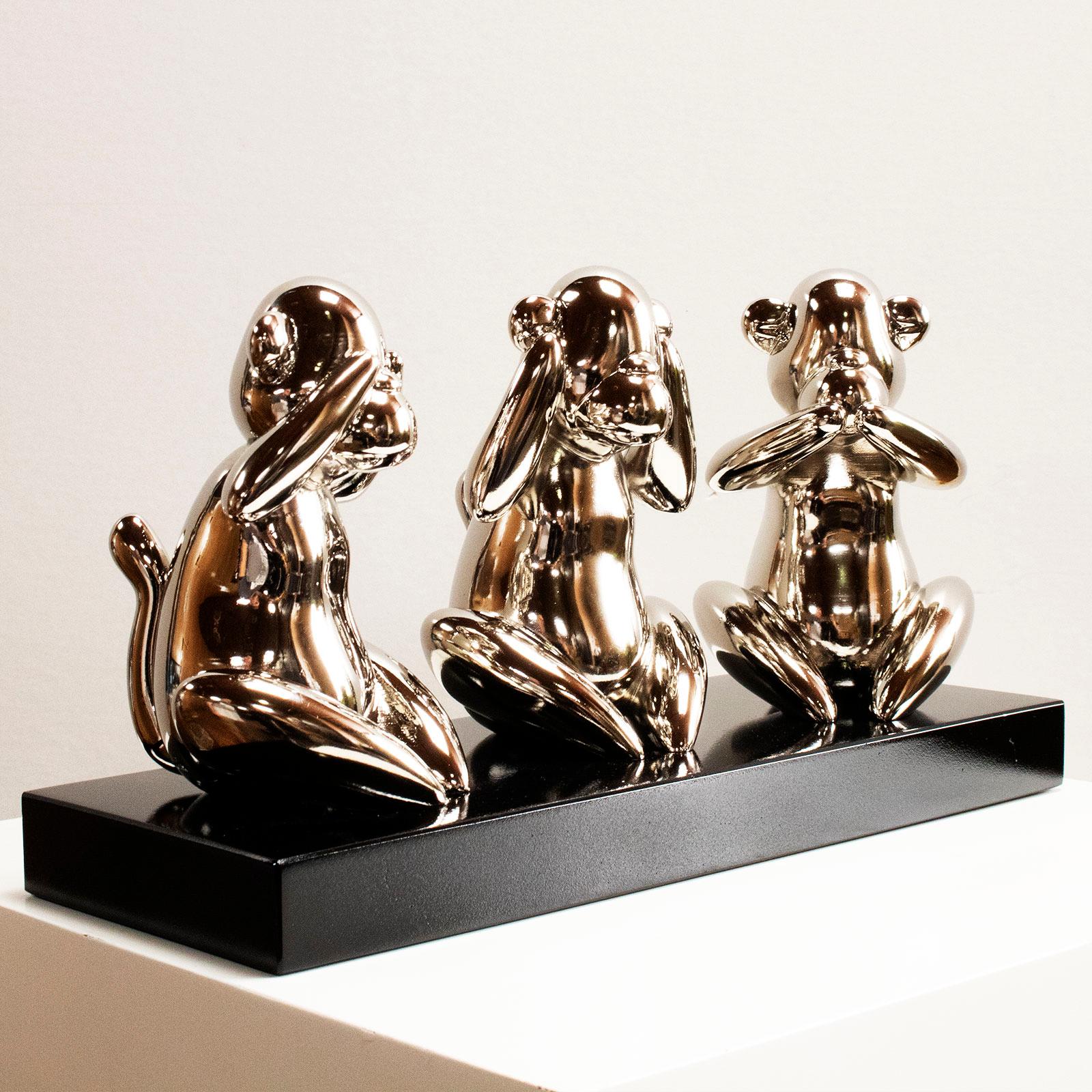 Wise monkeys nickel - Miguel Guía, Pop Art Nickel layer Sculpture For Sale 5