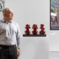 Wise monkeys red - Miguel Guía, Pop Art Nickel layer Sculpture