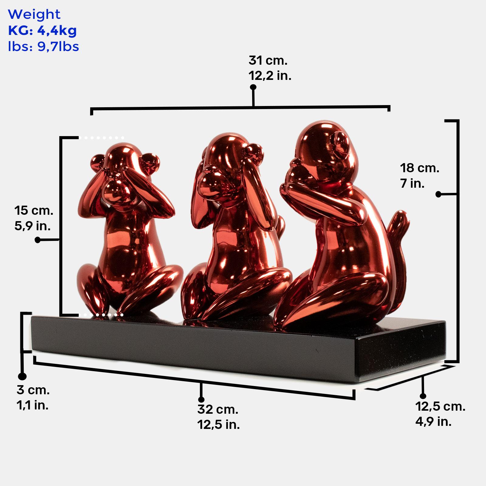 Wise monkeys red - Miguel Guía, Pop Art Nickel layer Sculpture 3