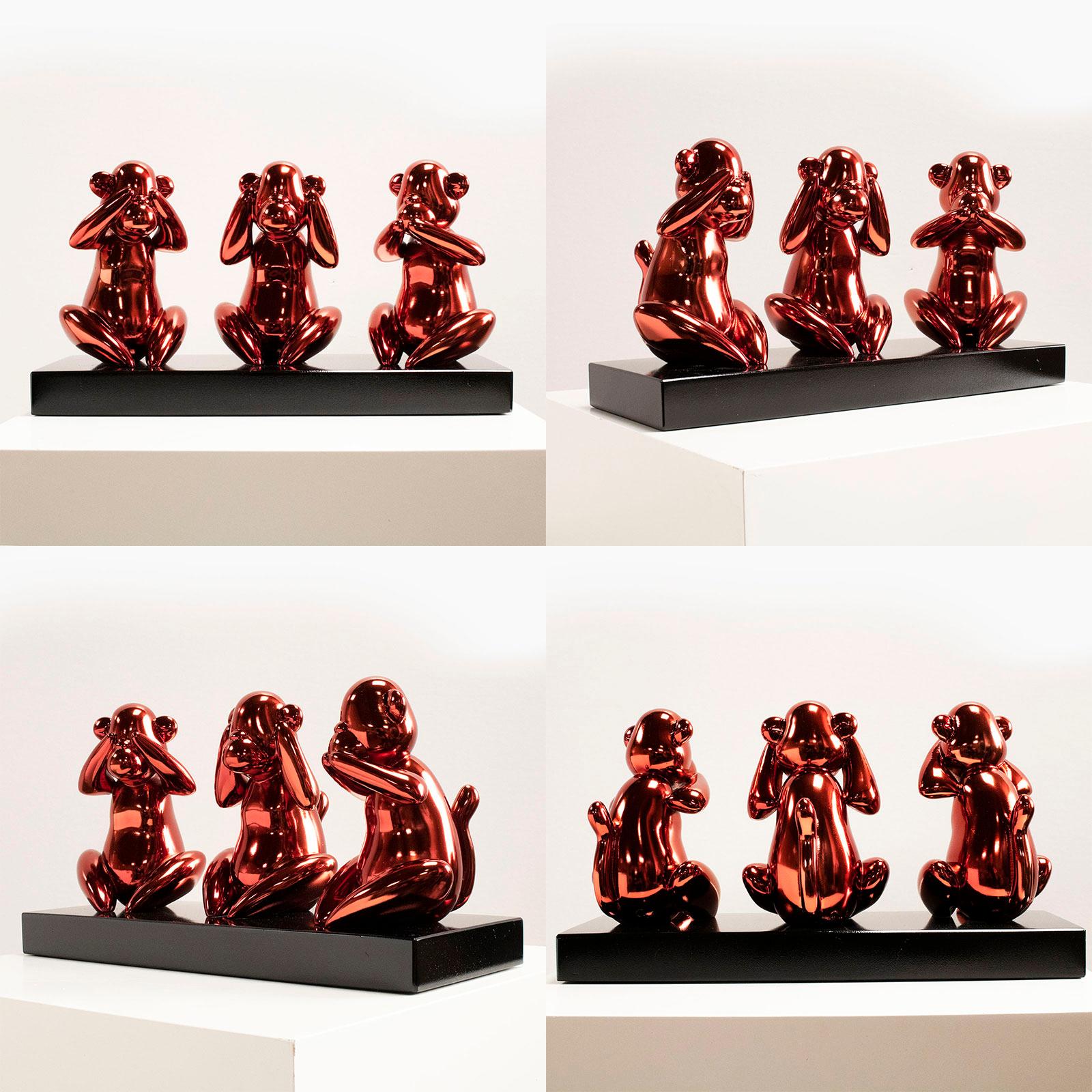 Wise monkeys red - Miguel Guía, Pop Art Nickel layer Sculpture 5