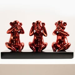 Wise monkeys red - Miguel Guía, Pop Art Nickel layer Sculpture