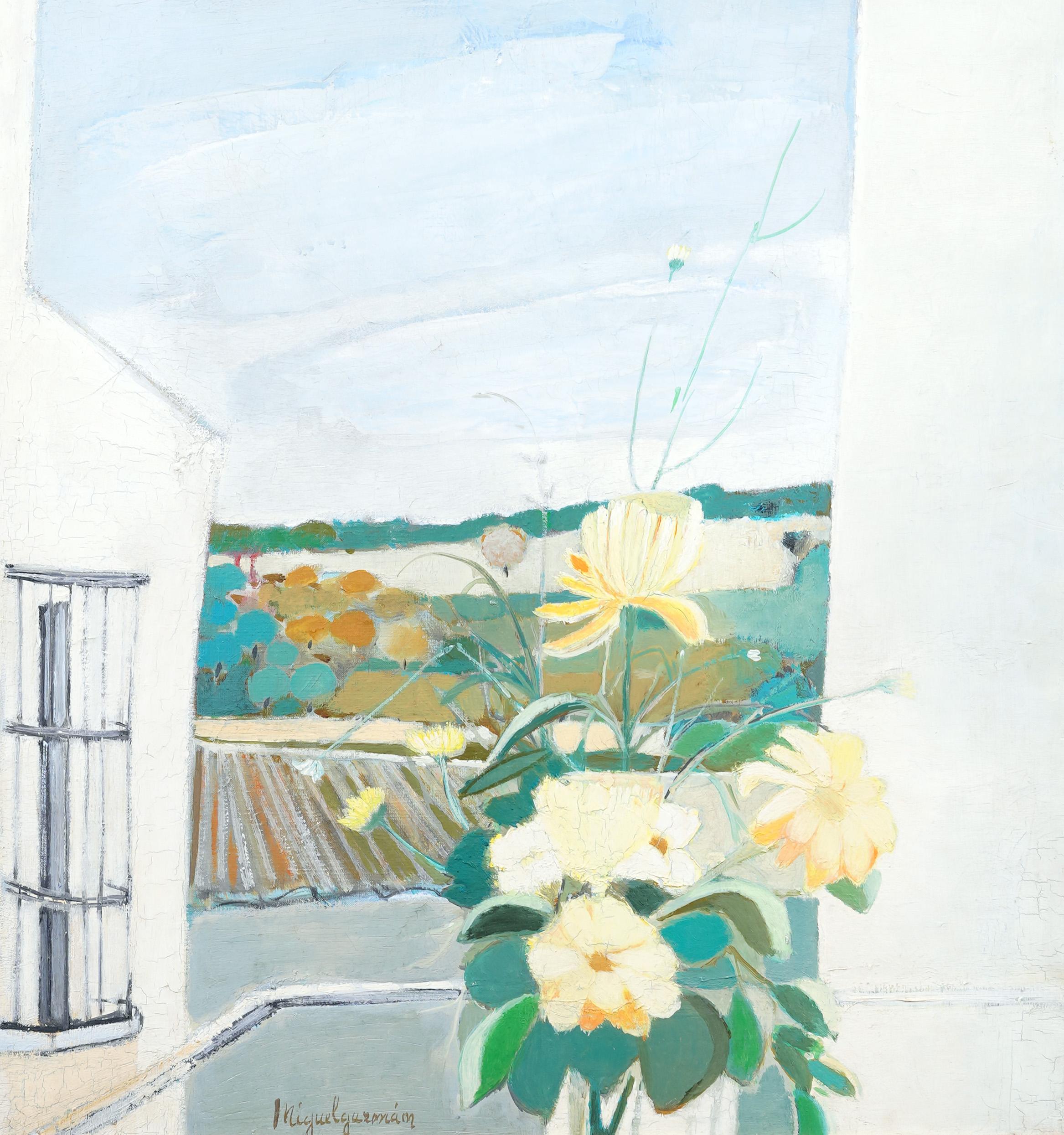 Antiguo bodegón impresionista americano de la Escuela de París Pintura al óleo enmarcada - Abstract Painting Beige de Miguel Guzman 