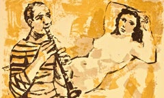 Modèle avec musicien - Lithographie originale de Miguel Ibarz, fin 1900