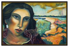 Miguel Martinez Large Pastel Painting On Board Female Portrait Signed Landscape